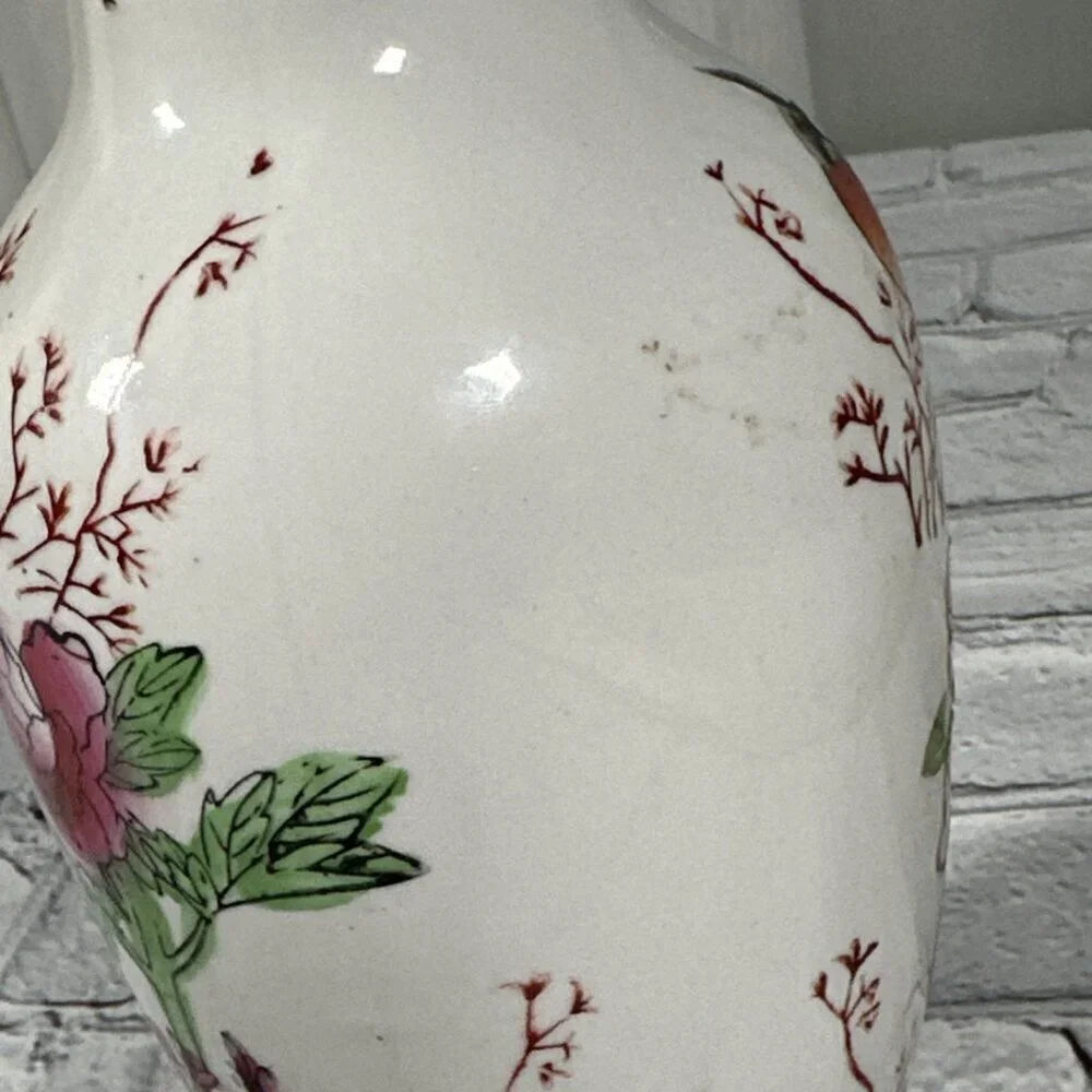 Vintage Floral Bird Hand Painted Chinese Porcelain Vase 8”